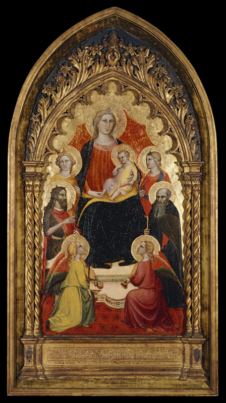 The Madonna with child surrounded by Saints Helena, Anthony, John and an unidentified female saint. Two angels with instruments also appear and kneel in the foreground. The Madonna wears a semi-transparent veil, red top, and blue mantle with gold trim. Christ wears a gold colored gown and holds red flowers in the fold of his dressing at his left side.