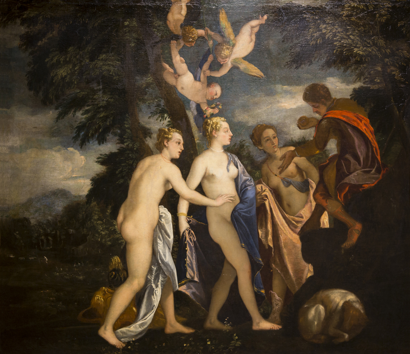 Image of Paris, shadowed at the right, Hera and Aphrodite, all standing, with Pallas Athene perched to the far left on a small, natural form. Pallas Athene's arms are open and she holds a fruit (an apple?) in her right hand. Three angels are above Aphrodite and a light-colored dog rests, curled at the bottom right corner. The figures are in a sparsely wooded area, with a open sky and a mountain in the background.