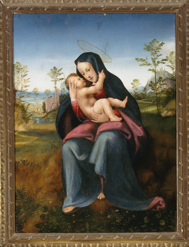The Madonna wears a blue mantle that covers a pinkish red top and a muted blue-green bottom. While the Madonna looks outward toward the viewer, Christ reaches and looks up toward his mother. The background shows a two-story dwelling to the left, a hill with structures at the right, and greenery and small figures throughout