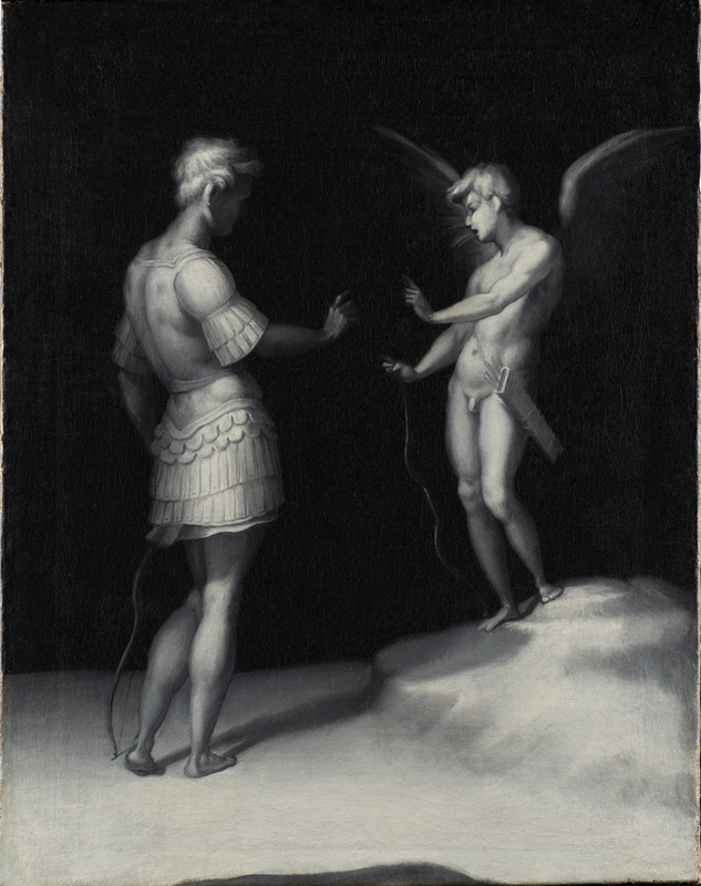 Cupid stands to the right with a quiver over his shoulder and a bow in his right hand. His wings are open and his left arm is raised. Apollo, dressed in armor and to left with his back to the viewer, stands with a bow to his left with his right arm raised.
