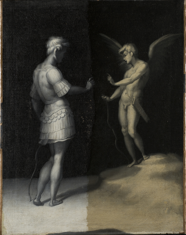 Cupid and Apollo in the midst of the varnish removal, showing the cleaned state on the left and the toned varnish on the right. 