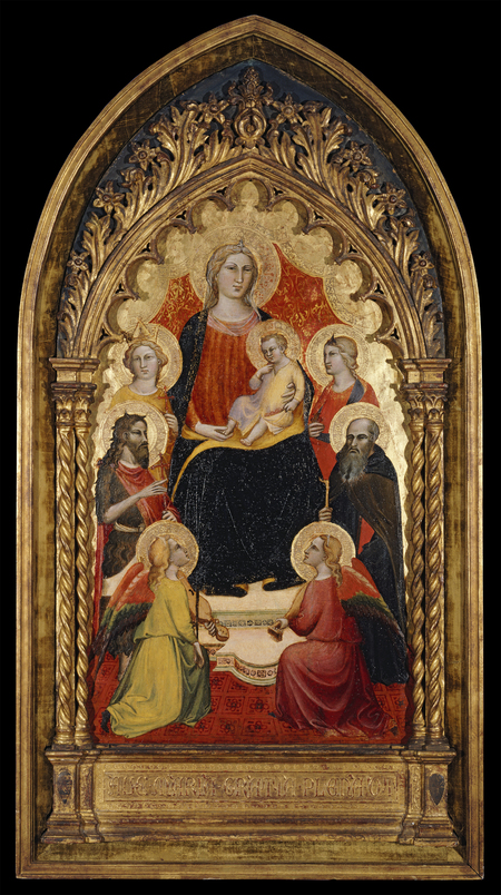 The Madonna with child surrounded by Saints Helena, Anthony, John and an unidentified female saint. Two angels with instruments also appear and kneel in the foreground. The Madonna wears a semi-transparent veil, red top, and blue mantle with gold trim. Christ wears a gold colored gown and holds red flowers in the fold of his dressing at his left side.