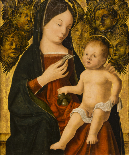Madonna in third length, wearing a red robe and blue mantle while holding a small script with Christ on her knee. Five faces of cherubs appear above the Madonna's shoulders, two to the left and three to the right.