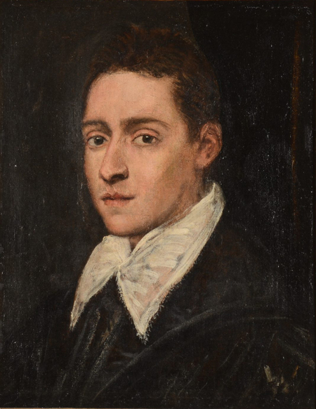 Bust portrait of a young man in a black top with a large white collar.