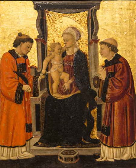 The Madonna with child seated between Saints Stephen and Lawrence. The Madonna wears a thin, white veil, red gown, and blue mantle with gold trim and is seated in a greenish colored throne. Christ stands in his mother's lap, wrapped around the torso with a thin fabric, which he holds away from his body with his right hand. St. Stephen, standing to the left of the throne, holds a quill in his right hand and the end of the fabric held out by Christ in his right hand. St. Lawrence stands to the right of the throne and folds his hands in prayer. Both saints are dressed in a similar manner: reddish, full-length robes with gold and black trim.