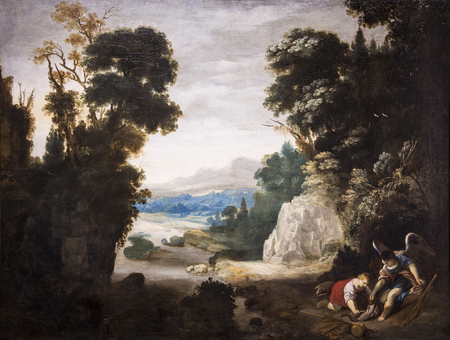 Lush landscape painting with Tobias and an angel (Archangel Raphael?) at the bottom right corner of the painting. Tobias appears to be assisting the angel with its boots.