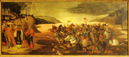 Moses, Aaron and other Israelites stand on the left shore, looking out onto Pharaoh and his army as they are submerged in a rose-colored sea, intended to suggest the Red Sea. Moses and the Israelites are dressed in brightly colored robes. The sky and land area in the background are painted in green tones.