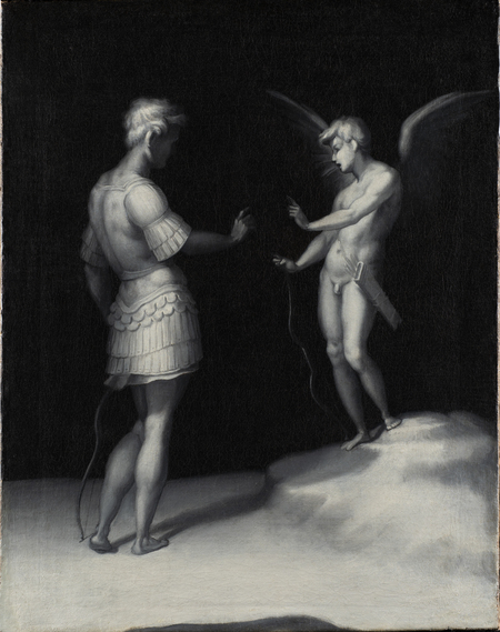 Cupid stands to the right with a quiver over his shoulder and a bow in his right hand. His wings are open and his left arm is raised. Apollo, dressed in armor and to left with his back to the viewer, stands with a bow to his left with his right arm raised.