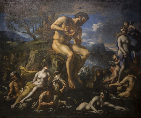 A giant, nude Polyphemus sits upon a natural form, holding pipes with both hands above Nymphs, Tritons and Cupids. He is turned to the right toward Galatea, who stands with her head toward him.