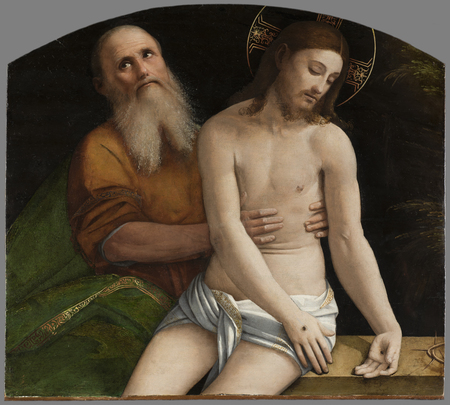 Nicodemus to the left of Christ, holding him up by the torso with both hands. Christ's hands show the stigmata.